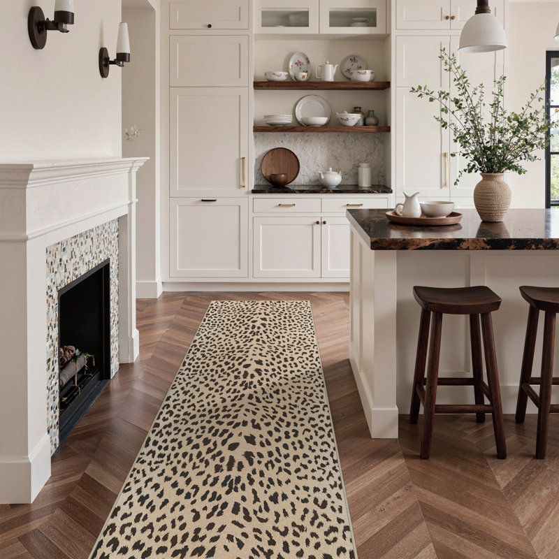 Savanna Animal Print Machine Washable Leopard Black Brown Indoor Area Rug With Non-Slip Backing, Runner 2' x 6', Black/Beige