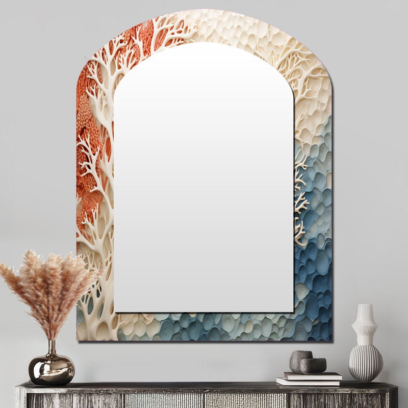 Pink And White Coastal Coral Collage I - Corals Asymmetrical Decorative Wall Mirror, Cream Arch Mirror, Printed Metal Art