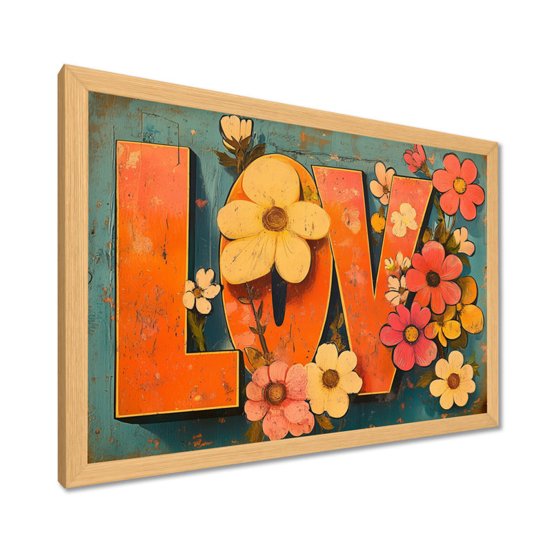 Amour groovy en fleurs - Tableau orange rétro encadré des années 70, H 30 po x l 40 po, Natural Picture Framed