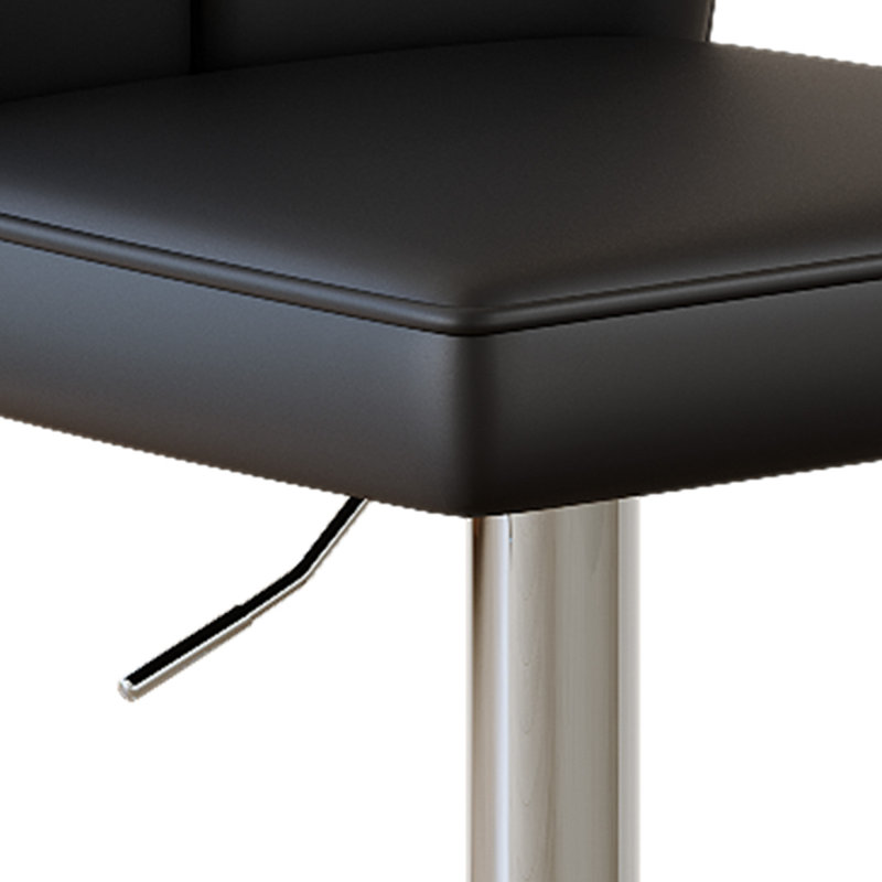 Ensemble de tabourets de bar modernes en polyuréthane noir - 2 pièces, avec des dossiers verticaux et lisses avec des pieds en métal argenté en forme de trompette. Idéal pour les bars, les salons, les salons et autres espaces similaires.