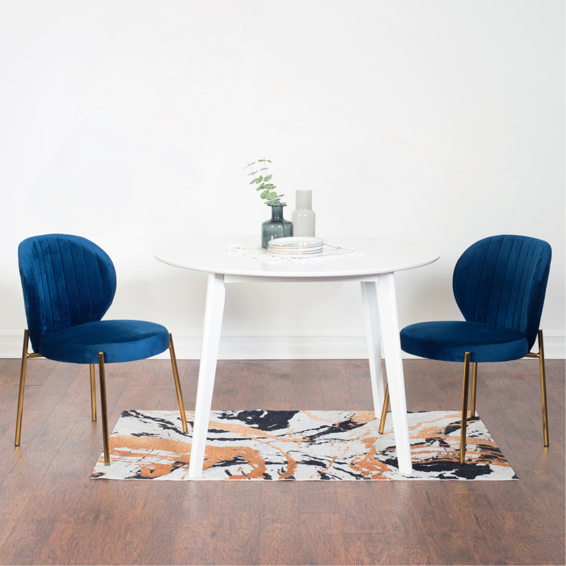 Ensemble de salle à manger contemporain 3 pièces, table de salle à manger ronde blanche avec 2 chaises, Bleu