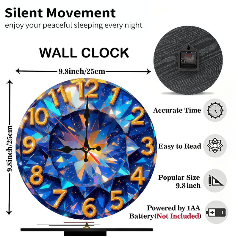 Horloge en cristal bleu avec chiffres dorés
