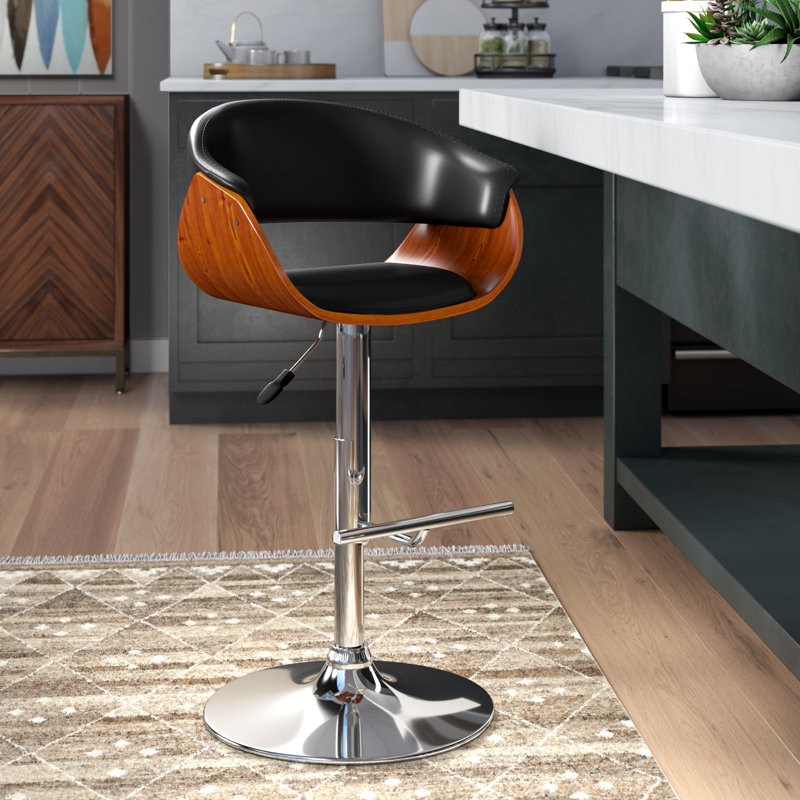 Allin Swivel Adjustable Height Bar Stool with Open Back in Faux Leather, Walnut Wood and Chrome, Black Faux Leather