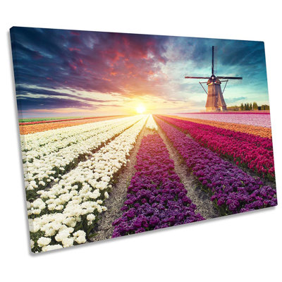 Windmill Sunset Floral Field Framed - Wrapped Canvas Print