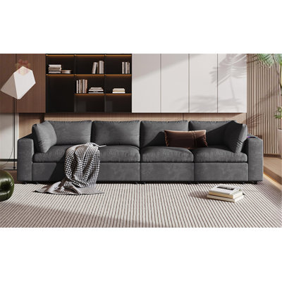U-Style Upholstered Modular Sofa with Storage, USB Charging, Wireless Charging, and Built-In Bluetooth Speaker for Modern Living