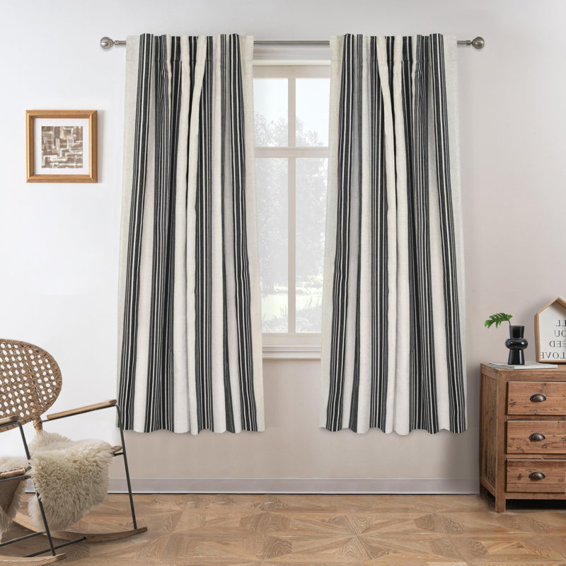 Chris Vertical Striped Linen Blend Lined Thermal Insulated Blackout Rod Pocket Back Tab Curtains, 52" W x 63" L, Black