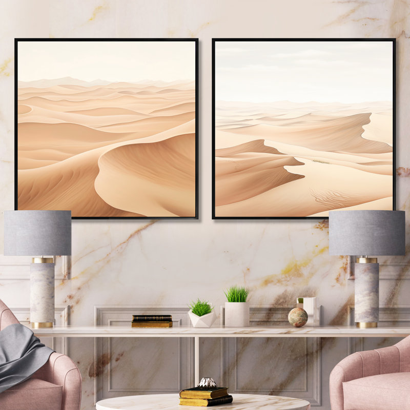 «Desert Sands Of Slumber Dreams» - Ensemble de 2 collages carrés à formes abstraites, Cadre flottant noir, H 16 po x l 33 po