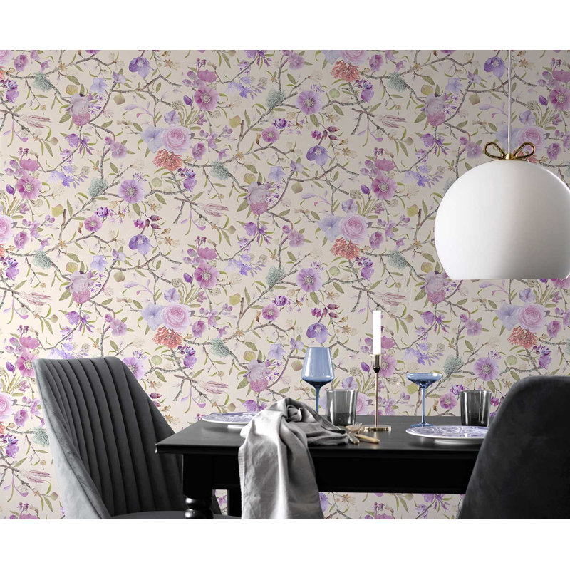 Huddleston 10m x 52cm Matte Paste the Wall Wallpaper Roll, Cream/Lilac
