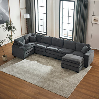 Canapé modulaire moderne en U à 6 places avec un repose-pieds et trois coussins décoratifs, canapé modulaire pour le salon, canapé en velours côtelé