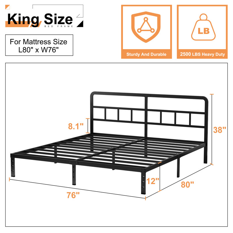 Javoronkov Metal Frame Bed with Headboard, King
