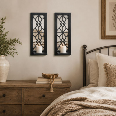 Ensemble de 2 appliques murales en bois avec miroir en bois 2 pièces 16,5 po, noir