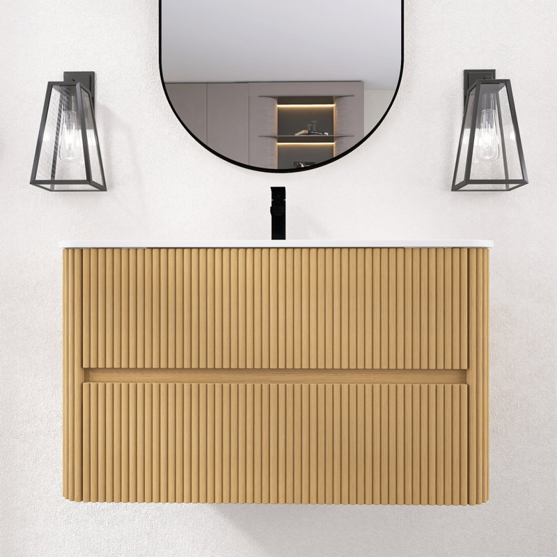 Meuble-lavabo flottant 36 po avec tiroirs en bois naturel, Bois naturel, 36"