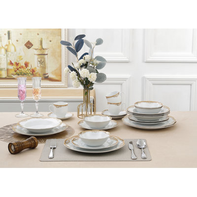 Lorren Home Trends Isabella Service De Table 24 Pièces En Porcelaine à Bords Ondulés Blanc