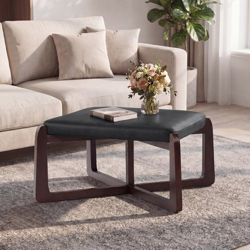 24" Wide Faux Leather Upholstered Square Ottoman, Black
