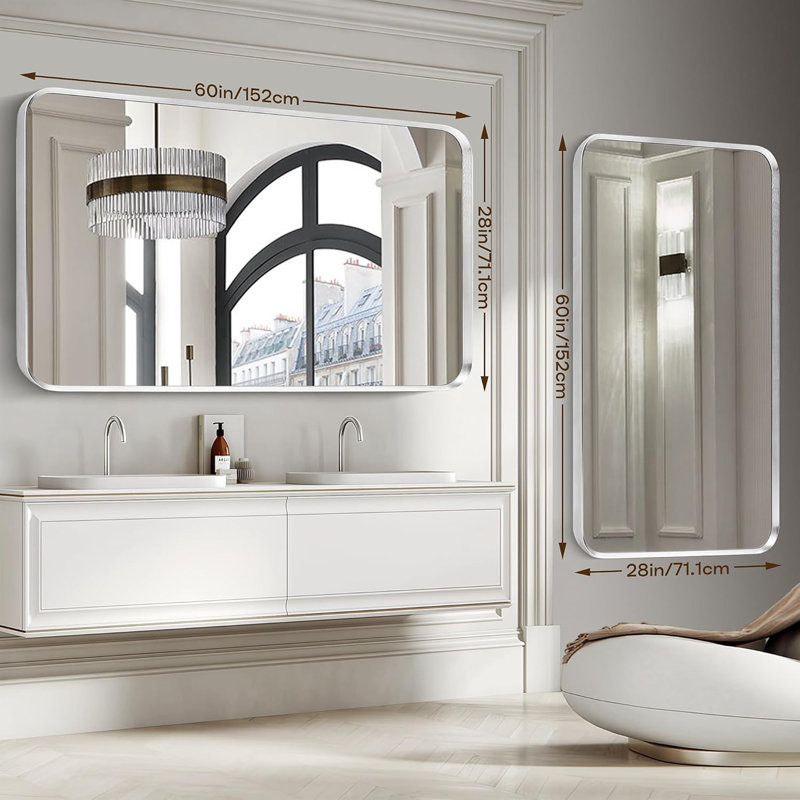 Miroir mural de salle de bain en nickel brossé, grand miroir rectangulaire de coin arrondi avec cadre en métal argenté, verre trempé, incassable, suspension horizontale ou verticale (28 po x 60 po, argent)