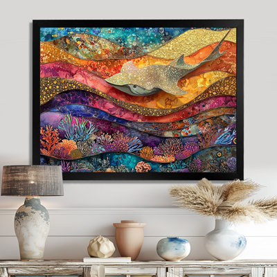 Abstract Stingray In Aquarium Colorful Collages I - Stingray Framed Canvas Print Wall Art