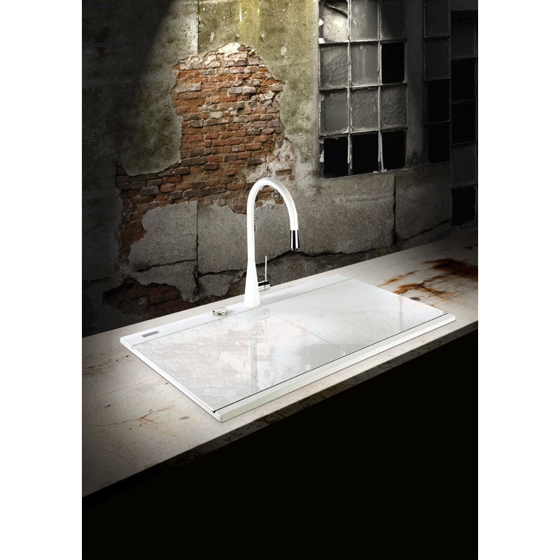 Belfry Kitchen Braedon 510mm W Double Bowl Granite Kitchen Sink with 1 Faucet Hole, Milk White