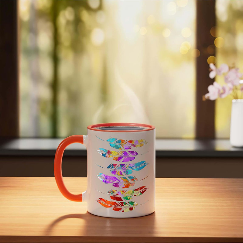 Colorful Feathers Ceramic Mug, Red/White, 11oz, Orange
