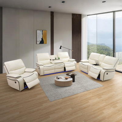 3-Piece Bonded Leather Power Recliner Sofa Set With LED Light,Wireless Charging Station,Reading Light,And Storage Armrest by Brayden Studio