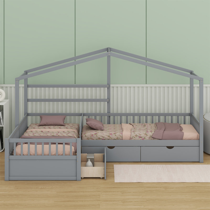Lit plateforme House avec trois tiroirs de rangement, Gris