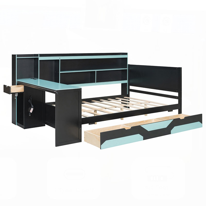 Lit de jour de jeu avec bureau et lumières intégrés, base de lit en bois moderne avec 3 tiroirs de rangement et station de charge intégrée, bibliothèque de tête de lit multifonctionnelle