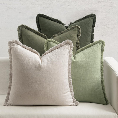Boho Linen Fringe Decorative Throw Pillow Covers in Beige and Sage Green