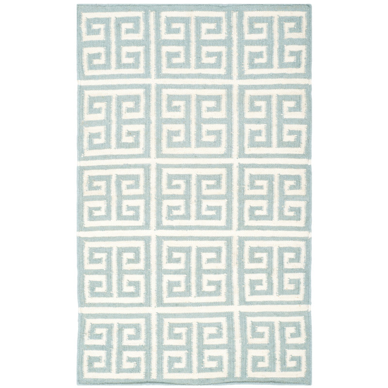Rodgers Hand Woven Flat Weave Banana Silk/Wool/Cotton Geometric Rug in Ivory/Blue, Rectangle 3' x 5'
