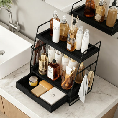 2-Tier Bathroom Counter Organizer With Drawer And Removable Basket, Wood And Metal Vanity Organizer For Skincare, Makeup, Perfume, And Toiletries, Space-Saving Countertop Shelf
