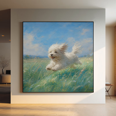 Très grand art mural imprimé sur toile - Chiot blanc traversant un pré vert sous un ciel bleu, scène de nature pour le salon ou la chambre à coucher «Assemblage requis (cadre non fini)»