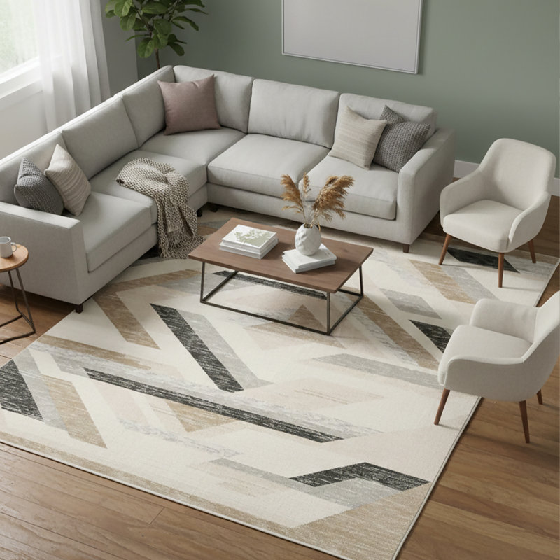 Modern Geometric Turkish Machine Woven Area Rug in Black/Beige/Gray, Rectangle 9' x 12'