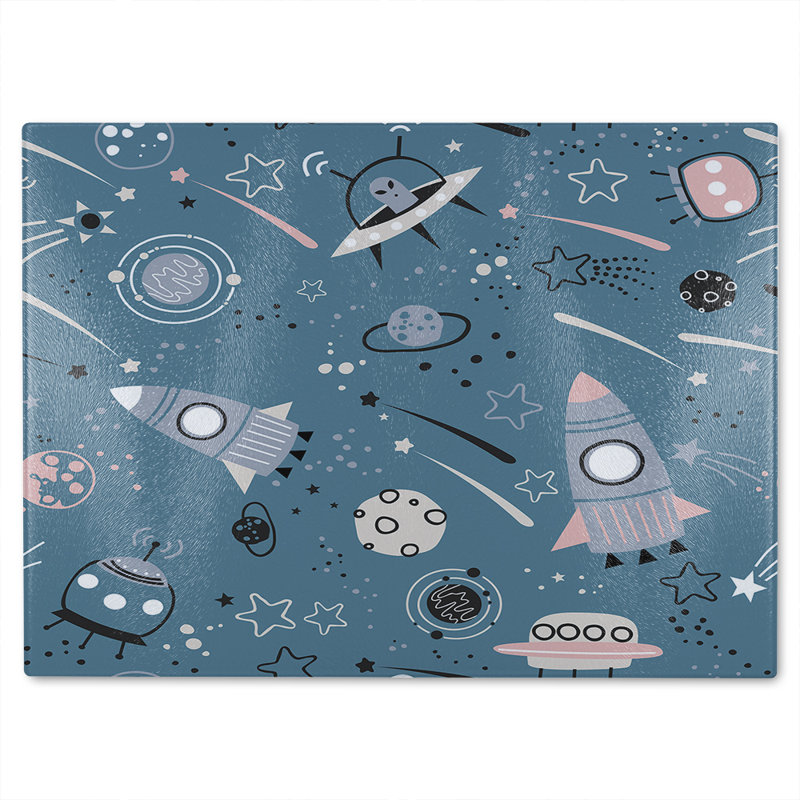 Spaceships And Planets With Stars Glass Chopping Board, 40cm L x 28cm W