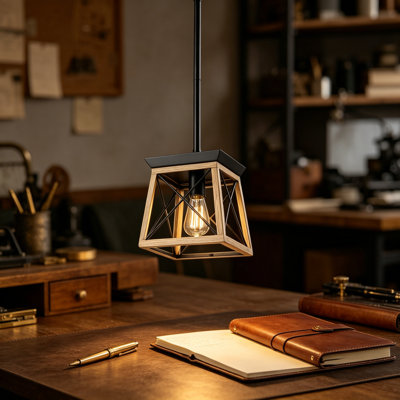 Luminaire suspendu rustique de style campagnard avec finition en chêne et structure en fer graphite, lustre géométrique pour îlot de cuisine pour la salle à manger, plafonnier à hauteur réglable, compatible avec une ampoule E26, 8,6 x 8,6 x 9 pouces