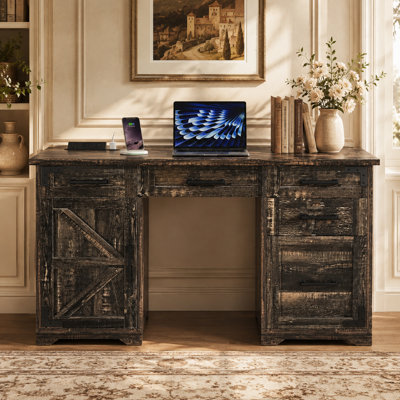 Bureau de direction 55 po, bureau d'ordinateur pour bureau à domicile, bureau, station de travail avec station de charge, armoire latérale et tiroir classeur