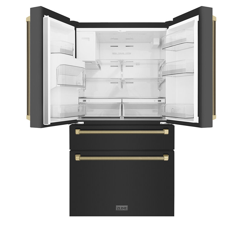 ZLINE Autograph 36 in. Counter-Depth Fridge w/ Water Dispenser in Black Steel & Gold Helix Handles, Champagne Bronze