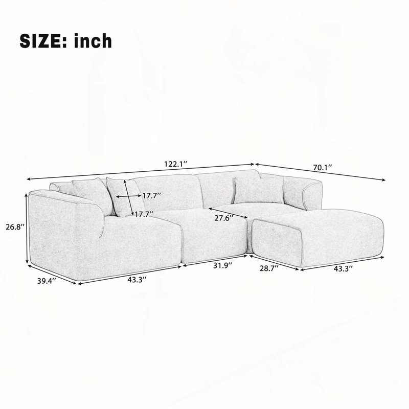 Canapé 122,1 "avec 3 coussins et repose-pieds, Gris