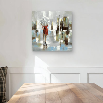 Red Dress Woman - Blue Metal Print for Home Decor | Street Art