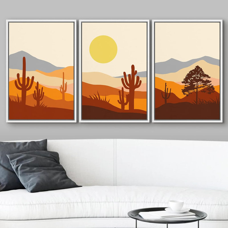 " Mid-Century Cactus Desert Mountain Abstract Nature Modern Art Decor Panorama Multicolor " 3 - Pieces, Blanc