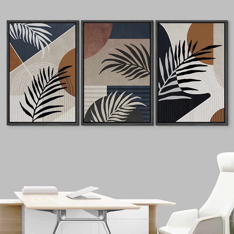 «Mid Century Modern Boho Geometric Tropical Palm Leaf Landscape Abstract Nature Illustration», ensemble de 3 impressions sur toile