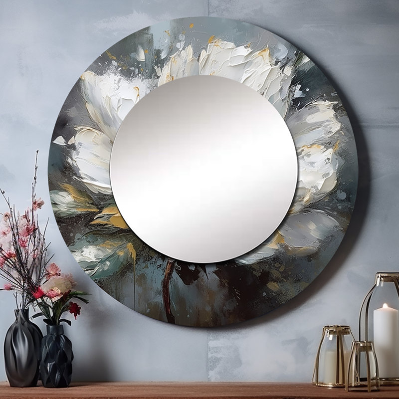 Fleur de pivoine blanche et grise Gwenevieve - miroir décoratif pivoines, miroir mural rond moderne, impression d'art en métal