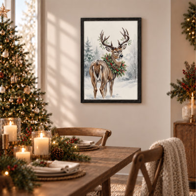 Art mural sur toile, cerf brun avec couronne de vacances et gui de Noël