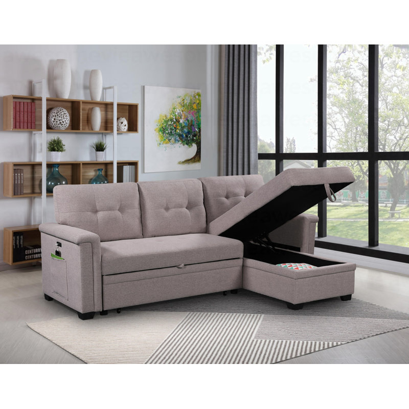 Modern 84"W Light Gray Reversible Sleeper Sectional Sofa With Storage Chaise, USB Charging Ports And Pocket