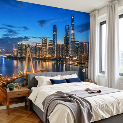 Peel and Stick Wallpaper 69" L x 96" W Modern Self Adhesive Wall Mural for Bedroom - With City Chicago Sunset Urban Skyline Tower Street Cityscape Print