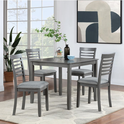 5-Piece Farmhouse Rectangular Dining Table Set, Light Natural Wood Dinner Table, 6 Beige Fabric Upholstered Dining Chairs