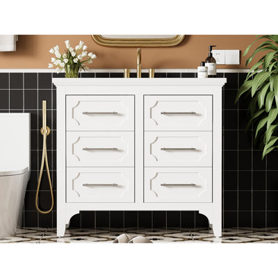 Meuble-lavabo de 36 po avec cadre en bois de pin massif, quatre tiroirs pour rangement dissimulé, lavabo en résine, finition imperméable, poignées argentées, poignées peintes de style moderne lustré
