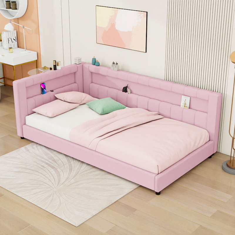 Daybed Frame with USB Ports and LED Lights, Twin XL, Pink