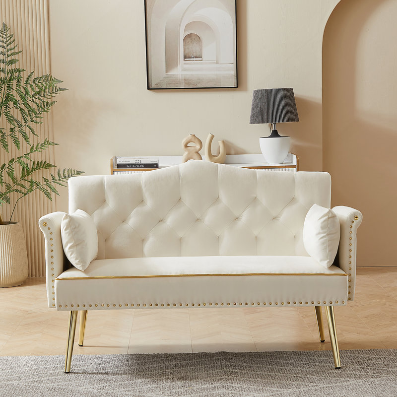 Canapé 2 places blanc crème avec motif capitonné et tissu de velours doux pour un confort et un style modernes, Blanc, crème