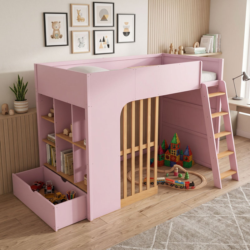 Lit mezzanine avec tablettes de rangement et tiroir, Lit simple, Rose