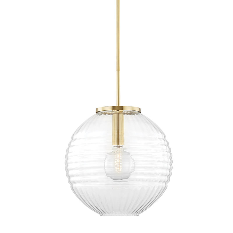 Aged Brass Globe Pendant Light with Clear Ribbed Glass