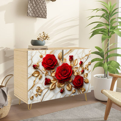 Buffet étroit de 90 cm de large - Meuble de rangement d'appoint à 2 portes avec motif marbre à roses rouges et feuilles dorées et pieds en métal