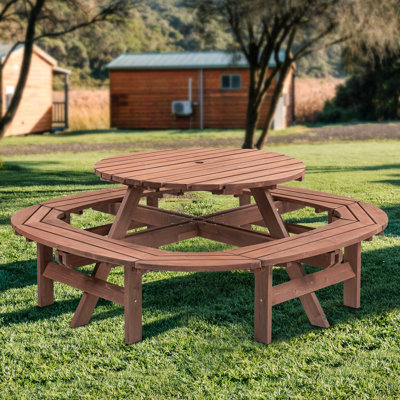 Table de pique-nique ronde en bois pour 10 à 12 personnes pour patio, cour, jardin, bricolage avec 1 tabouret à anneaux intégré, capacité de poids de 500 lb - Brun noyer